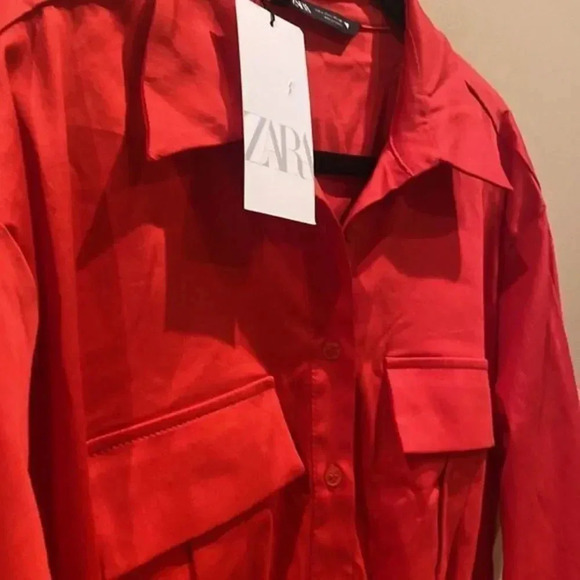 NWT ZARA SS21 POPLIN SHIRT DRESS RED 7385/331 - Picture 6 of 8